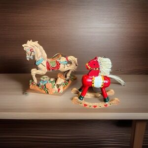 Rocking Horse Christmas Holiday Ornaments Resin Wood Vintage Lot Of 2
